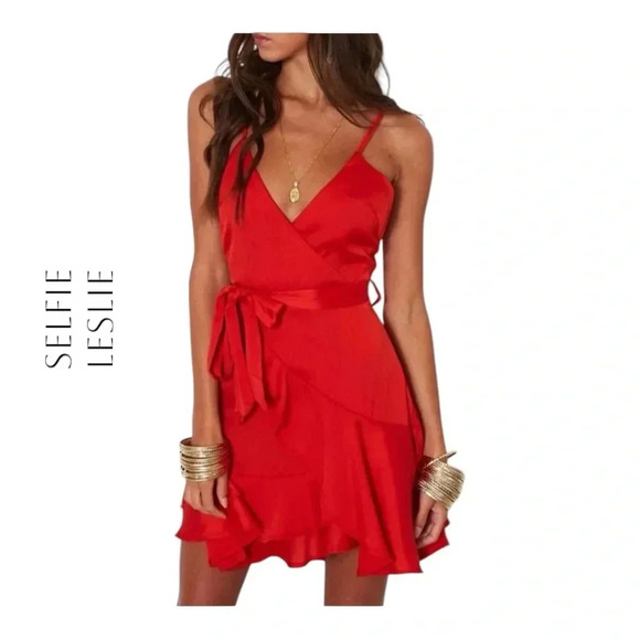 2039. SELFIE LESLIE SPAGHETTI STRAP FAUX WRAP MINI DRESS SIZE SMALL RED COLOR - Picture 1 of 8